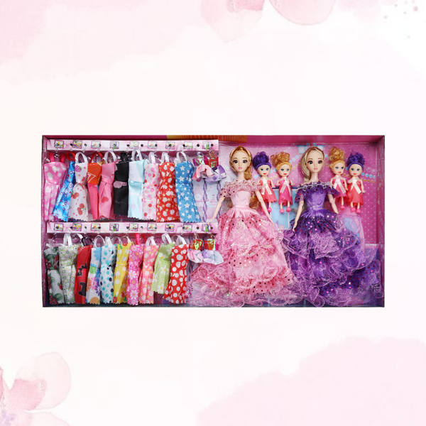 DOLL SET WITH 24 DRESSES | Elegant Fashion Dolls & 4 Mini Friends ST-DS-24