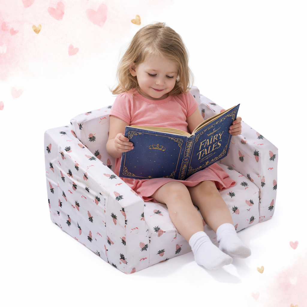 Foldable Kids Armchair | Toddler Sofa with Strawberry Print