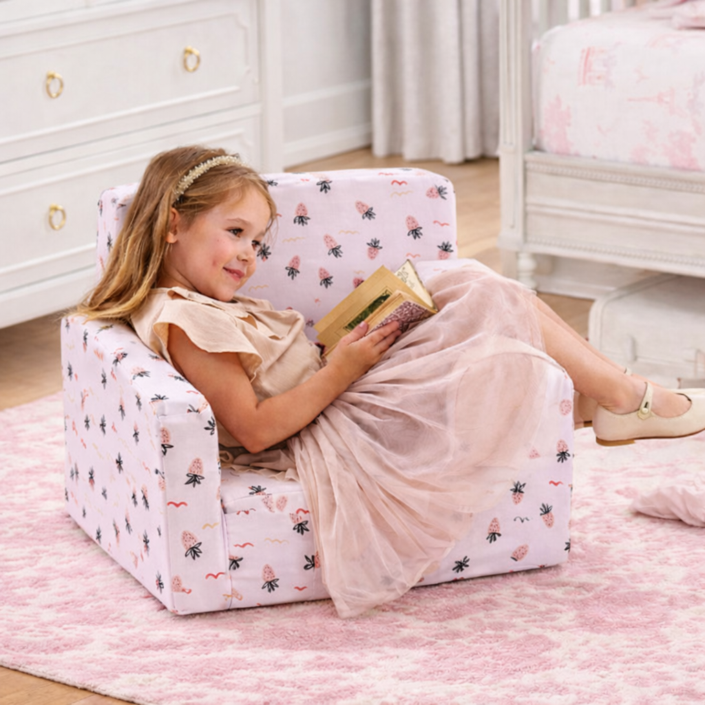 Foldable Kids Armchair | Toddler Sofa with Strawberry Print