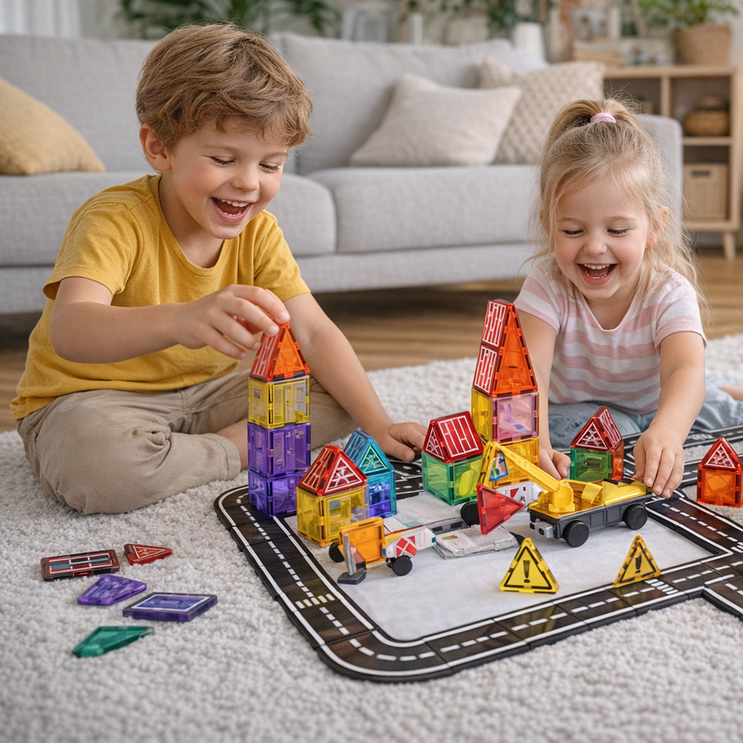 Magnetic Tiles Town & Road Set | Building Kit with Track (70 PCS)