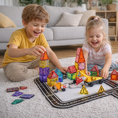 Magnetic Tiles Town & Road Set | Building Kit with Track (70 PCS)