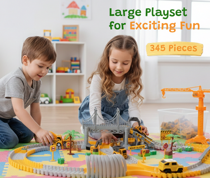 City Construction Track Set | Flexible Road & Toy Trucks (345 PCS)