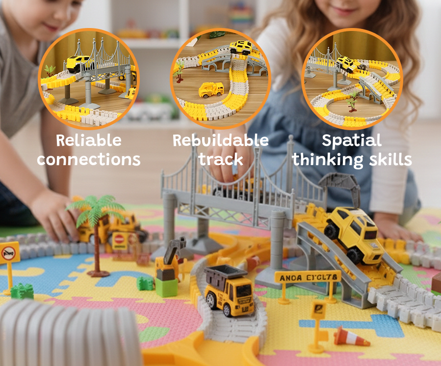 City Construction Track Set | Flexible Road & Toy Trucks (345 PCS)