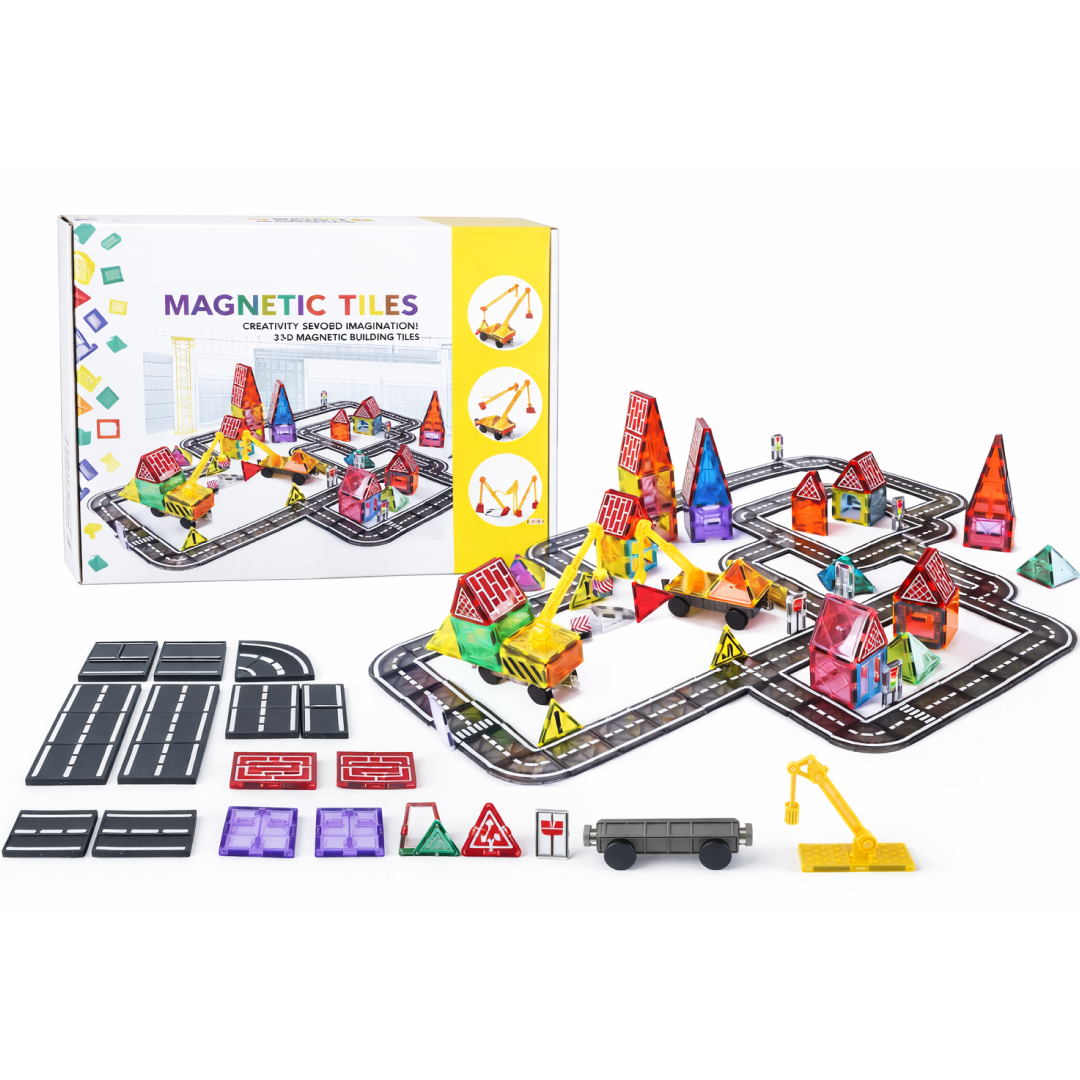 Magnetic Tiles Town & Road Set | Building Kit with Track (70 PCS)