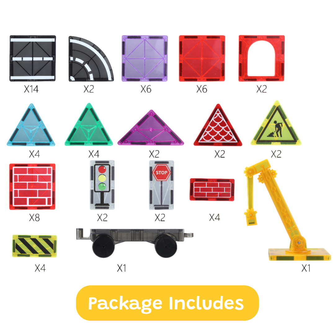 Magnetic Tiles Town & Road Set | Building Kit with Track (70 PCS)
