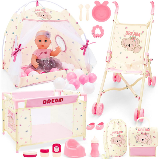 Pink Doll Care Nursery Set | Crib, Stroller & Accessories